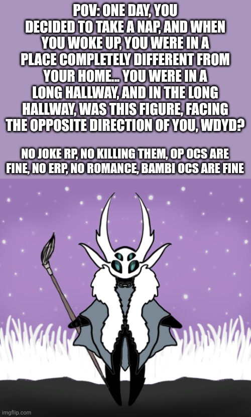 Ariadne | POV: ONE DAY, YOU DECIDED TO TAKE A NAP, AND WHEN YOU WOKE UP, YOU WERE IN A PLACE COMPLETELY DIFFERENT FROM YOUR HOME... YOU WERE IN A LONG HALLWAY, AND IN THE LONG HALLWAY, WAS THIS FIGURE, FACING THE OPPOSITE DIRECTION OF YOU, WDYD? NO JOKE RP, NO KILLING THEM, OP OCS ARE FINE, NO ERP, NO ROMANCE, BAMBI OCS ARE FINE | made w/ Imgflip meme maker