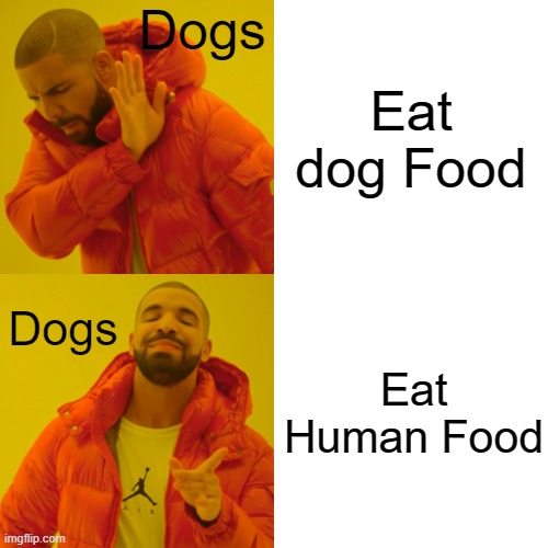Just eat the dog food! | Dogs; Eat dog Food; Dogs; Eat Human Food | image tagged in memes,drake hotline bling,dogs,food | made w/ Imgflip meme maker