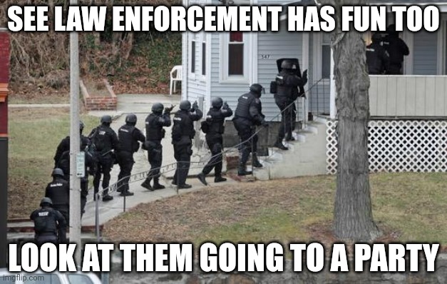 swat conga line | SEE LAW ENFORCEMENT HAS FUN TOO; LOOK AT THEM GOING TO A PARTY | image tagged in swat conga line | made w/ Imgflip meme maker