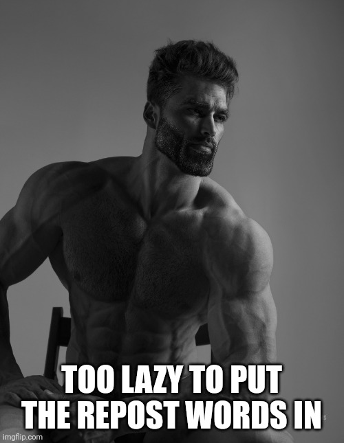 Giga Chad | TOO LAZY TO PUT THE REPOST WORDS IN | image tagged in giga chad | made w/ Imgflip meme maker