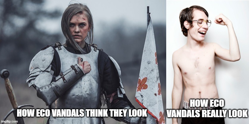 eco vandals | HOW ECO VANDALS REALLY LOOK; HOW ECO VANDALS THINK THEY LOOK | image tagged in tyre extinguishers,eco vandals,xr,just stop oil | made w/ Imgflip meme maker