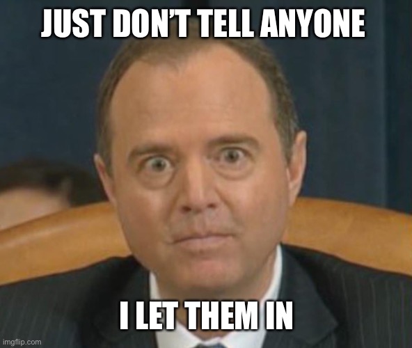 Crazy Adam Schiff | JUST DON’T TELL ANYONE I LET THEM IN | image tagged in crazy adam schiff | made w/ Imgflip meme maker