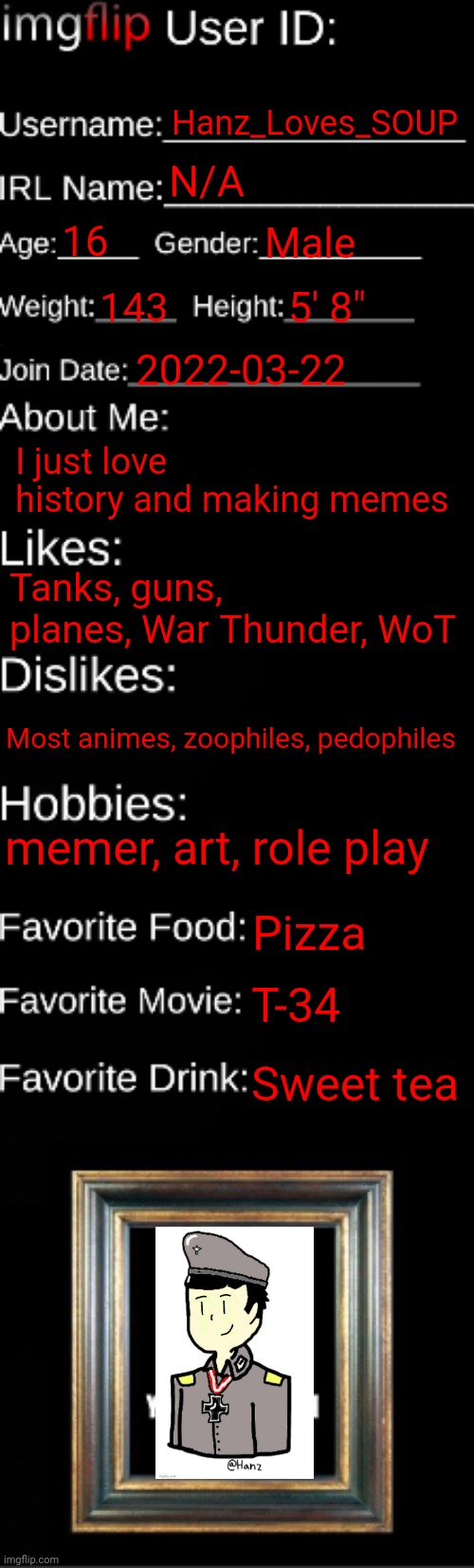 Bye chat | Hanz_Loves_SOUP; N/A; 16; Male; 143; 5' 8"; 2022-03-22; I just love history and making memes; Tanks, guns, planes, War Thunder, WoT; Most animes, zoophiles, pedophiles; memer, art, role play; Pizza; T-34; Sweet tea | image tagged in imgflip id card | made w/ Imgflip meme maker