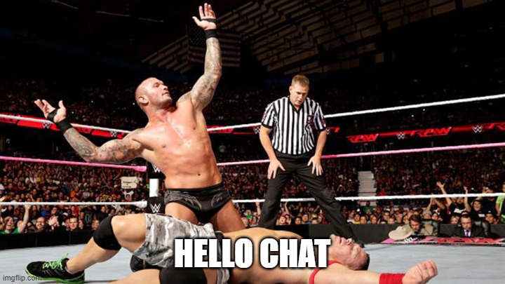Randy Orton Victory | HELLO CHAT | image tagged in randy orton victory | made w/ Imgflip meme maker