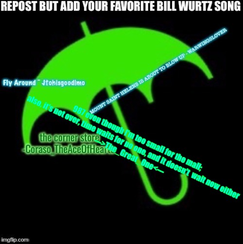 Repost but add your fav. BW song | 987 even though I'm too small for the mall; also, it's not over, time waits for no one, and it doesn't  wait now either
--->The_Great_One<--- | image tagged in bill wurtz | made w/ Imgflip meme maker