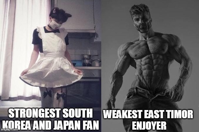 Screw anime and BTS, embrace Portuguese Indonesia | STRONGEST SOUTH KOREA AND JAPAN FAN; WEAKEST EAST TIMOR 
ENJOYER | image tagged in strongest fan vs weakest fan,memes,asia,japan | made w/ Imgflip meme maker