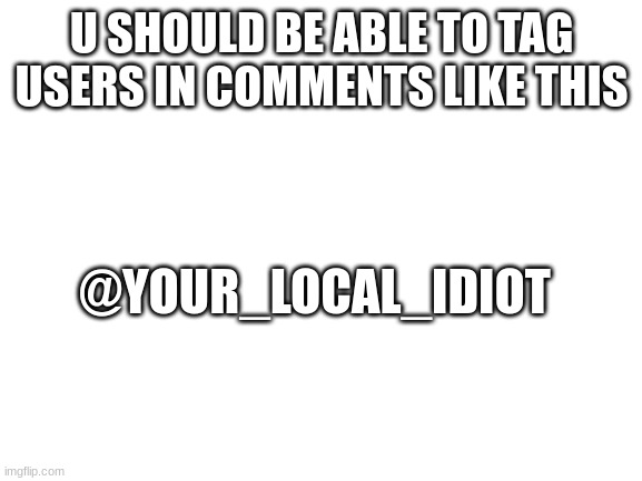 this needs to be in imgflip | U SHOULD BE ABLE TO TAG USERS IN COMMENTS LIKE THIS; @YOUR_LOCAL_IDIOT | image tagged in blank white template,idea,memes,funny,lol | made w/ Imgflip meme maker