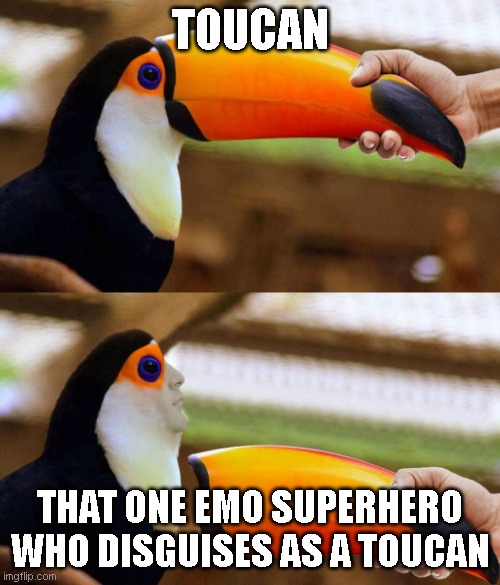 toucan (GONE WRONG) (GONE SEXUAL) (I'M IN WATER??) (I'M GAY???????????????????????????????????) | TOUCAN; THAT ONE EMO SUPERHERO WHO DISGUISES AS A TOUCAN | image tagged in why is the fbi here,why am i in hell,gone wrong,be gone thot,why did i make this,why are you gay | made w/ Imgflip meme maker