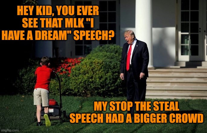 Sure Donnie sure | HEY KID, YOU EVER SEE THAT MLK "I HAVE A DREAM" SPEECH? MY STOP THE STEAL SPEECH HAD A BIGGER CROWD | image tagged in trump lawn mower | made w/ Imgflip meme maker