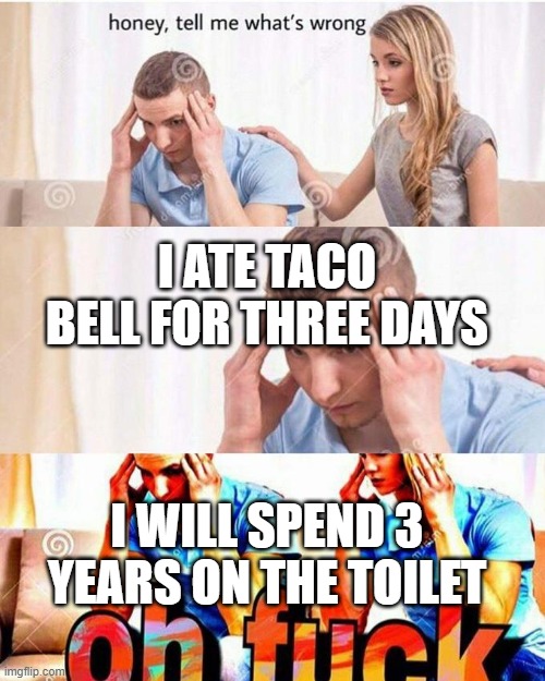 honey, tell me what's wrong |  I ATE TACO BELL FOR THREE DAYS; I WILL SPEND 3 YEARS ON THE TOILET | image tagged in honey tell me what's wrong | made w/ Imgflip meme maker