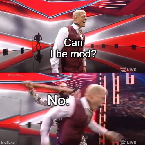 so can i? | Can I be mod? No. | image tagged in seth rollins attacking cody rhodes template | made w/ Imgflip meme maker