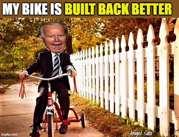 Biden on tricycle | MY BIKE IS BUILT BACK BETTER; BUILT BACK BETTER; Angel Soto | image tagged in political humor,joe biden,riding,bike fall,bike fail,build back better | made w/ Imgflip meme maker