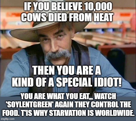 Why do the elite war on God's creation? | IF YOU BELIEVE 10,000 COWS DIED FROM HEAT; THEN YOU ARE A KIND OF A SPECIAL IDIOT! YOU ARE WHAT YOU EAT,,, WATCH 'SOYLENTGREEN' AGAIN THEY CONTROL THE FOOD. T'IS WHY STARVATION IS WORLDWIDE. | image tagged in sam elliott special kind of stupid,cows,elite dangerous,farming,meat,soylent green | made w/ Imgflip meme maker