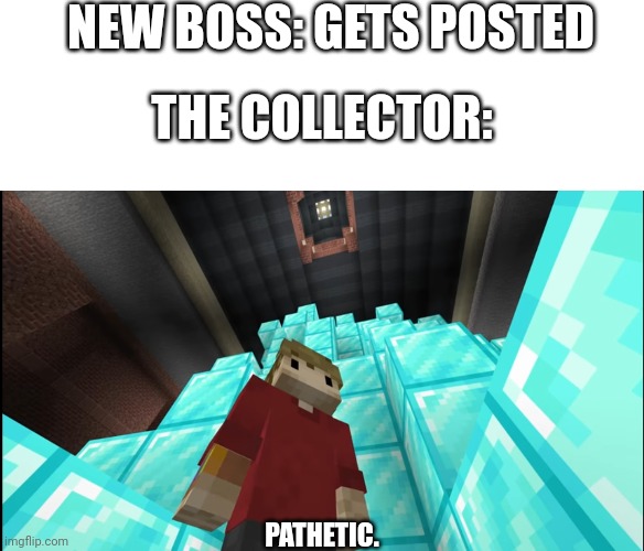 I feel like I made a win button | NEW BOSS: GETS POSTED; THE COLLECTOR:; PATHETIC. | image tagged in blank white template,grian pathetic | made w/ Imgflip meme maker
