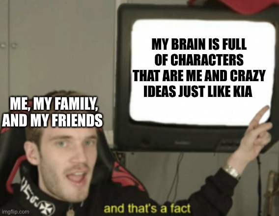 My haters | MY BRAIN IS FULL OF CHARACTERS THAT ARE ME AND CRAZY IDEAS JUST LIKE KIA; ME, MY FAMILY, AND MY FRIENDS | image tagged in and that's a fact | made w/ Imgflip meme maker