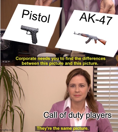 Wait what they are different type of gun |  AK-47; Pistol; Call of duty players | image tagged in memes,they're the same picture | made w/ Imgflip meme maker