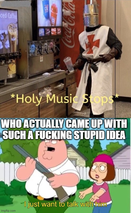 WHO ACTUALLY CAME UP WITH SUCH A FUCKING STUPID IDEA | image tagged in holy music stops,i just wanna talk to him | made w/ Imgflip meme maker