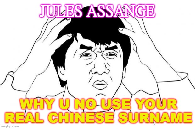 Jules Assange; Why u no use your real Chinese Surname | JULES ASSANGE; WHY U NO USE YOUR REAL CHINESE SURNAME | image tagged in why u no | made w/ Imgflip meme maker