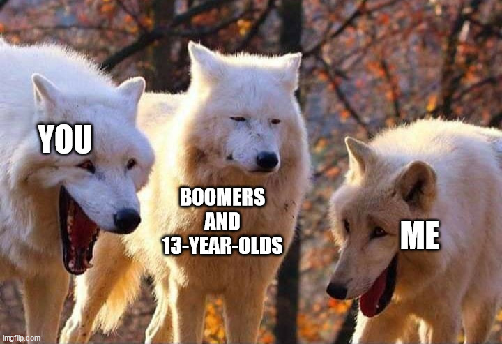 Laughing wolf | YOU BOOMERS AND 13-YEAR-OLDS ME | image tagged in laughing wolf | made w/ Imgflip meme maker