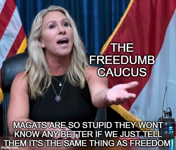 Marjorie Taylor Greene is this the holocaust | THE FREEDUMB CAUCUS; MAGATS ARE SO STUPID THEY WONT KNOW ANY BETTER IF WE JUST TELL THEM IT'S THE SAME THING AS FREEDOM | image tagged in marjorie taylor greene is this the holocaust | made w/ Imgflip meme maker