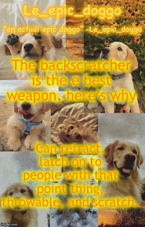 Doggo temp by doggo. Wait what that’s confusing | The backscratcher is the e best weapon, here’s why; Can retract, latch on to people with that point thing, throwable, and scratch. | image tagged in doggo temp by doggo wait what that s confusing | made w/ Imgflip meme maker