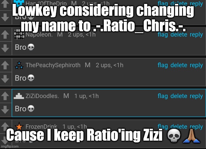 Bro | Lowkey considering changing my name to .-.Ratio_Chris.-. Cause I keep Ratio'ing Zizi 💀🙏🏽 | image tagged in bro | made w/ Imgflip meme maker