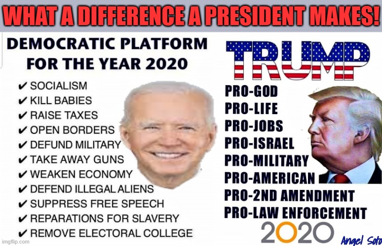 2020 democrats agenda, 2020 republican agenda | WHAT A DIFFERENCE A PRESIDENT MAKES! Angel Soto | image tagged in 2020 democrats agenda,2020 republican agenda,elections,donald trump,joe biden,president | made w/ Imgflip meme maker