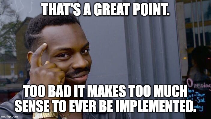 Roll Safe Think About It Meme | THAT'S A GREAT POINT. TOO BAD IT MAKES TOO MUCH SENSE TO EVER BE IMPLEMENTED. | image tagged in memes,roll safe think about it | made w/ Imgflip meme maker