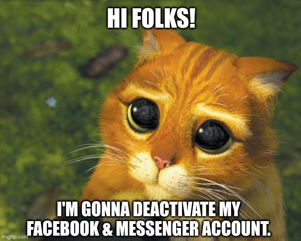 Deactivate Socials | HI FOLKS! I'M GONNA DEACTIVATE MY FACEBOOK & MESSENGER ACCOUNT. | image tagged in deactivate,facebook,messenger,social media,cute cat,funny memes | made w/ Imgflip meme maker