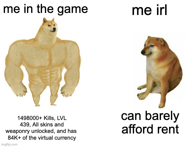 Game vs. Real Life | me in the game; me irl; 1498000+ Kills, LVL 439, All skins and weaponry unlocked, and has 
84K+ of the virtual currency; can barely afford rent | image tagged in memes,buff doge vs cheems,gaming,gamer,real life | made w/ Imgflip meme maker