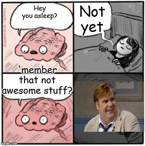 That deeply buried s**t that affects your every moment | Not yet; Hey you asleep? 'member that not awesome stuff? | image tagged in brain before sleep | made w/ Imgflip meme maker