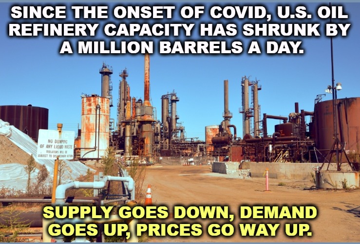 Abandoned refinery | SINCE THE ONSET OF COVID, U.S. OIL 
REFINERY CAPACITY HAS SHRUNK BY 
A MILLION BARRELS A DAY. SUPPLY GOES DOWN, DEMAND GOES UP, PRICES GO WAY UP. | image tagged in abandoned refinery,oil,less,prices,gas prices,high | made w/ Imgflip meme maker
