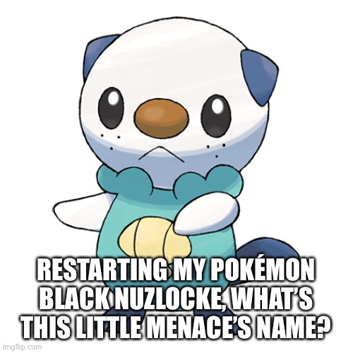I’m leaning towards my default water type name Tsunami but I just read the WoF serious so it is copying a little bit | RESTARTING MY POKÉMON BLACK NUZLOCKE, WHAT’S THIS LITTLE MENACE’S NAME? | image tagged in oshawott | made w/ Imgflip meme maker