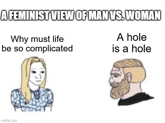 any truth to this? | A FEMINIST VIEW OF MAN VS. WOMAN; A hole is a hole; Why must life be so complicated | image tagged in wojak woman and man,truth hurts,wojak,boys vs girls,feminism | made w/ Imgflip meme maker