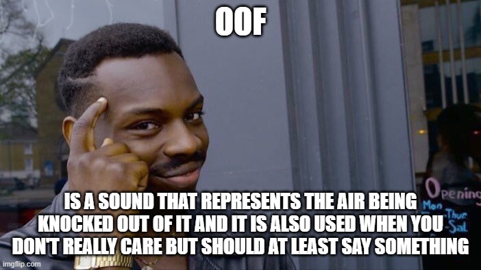 Roll Safe Think About It | OOF; IS A SOUND THAT REPRESENTS THE AIR BEING KNOCKED OUT OF IT AND IT IS ALSO USED WHEN YOU DON'T REALLY CARE BUT SHOULD AT LEAST SAY SOMETHING | image tagged in memes,roll safe think about it | made w/ Imgflip meme maker