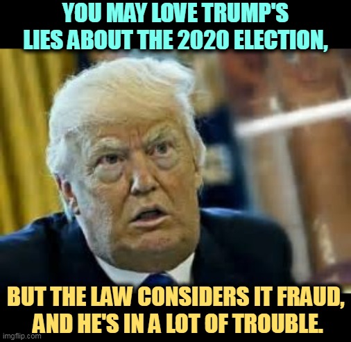 Trump dilated taken aback aghast surprised | YOU MAY LOVE TRUMP'S LIES ABOUT THE 2020 ELECTION, BUT THE LAW CONSIDERS IT FRAUD, 
AND HE'S IN A LOT OF TROUBLE. | image tagged in trump dilated taken aback aghast surprised,trump,criminal,fraud,legal,jeopardy | made w/ Imgflip meme maker