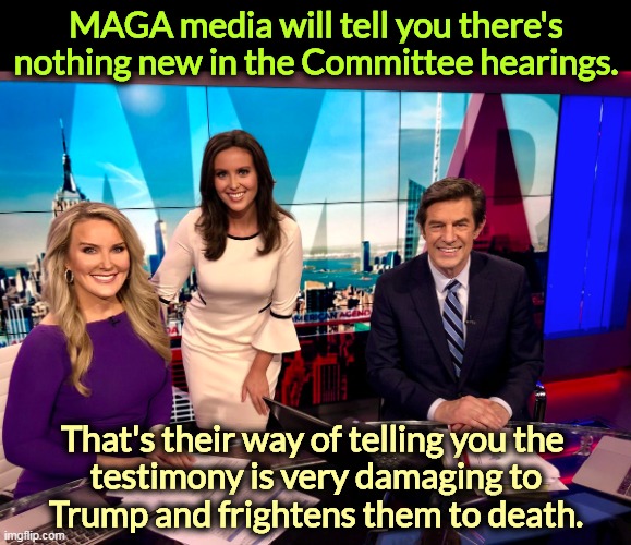 MAGA media will tell you there's nothing new in the Committee hearings. That's their way of telling you the 

testimony is very damaging to
Trump and frightens them to death. | image tagged in maga,media,stupid,frightened,investigation | made w/ Imgflip meme maker