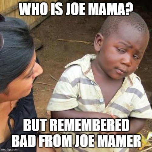 I actually bad from Joe mamer | WHO IS JOE MAMA? BUT REMEMBERED BAD FROM JOE MAMER | image tagged in memes,third world skeptical kid | made w/ Imgflip meme maker