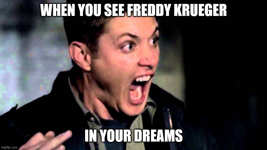Freddy Krueger in your dreams | WHEN YOU SEE FREDDY KRUEGER; IN YOUR DREAMS | image tagged in deam scream supernatural | made w/ Imgflip meme maker