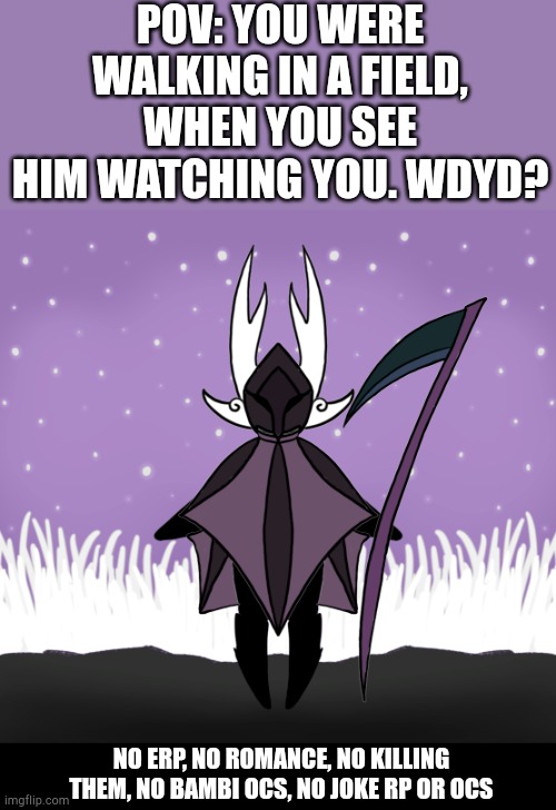 (Rules in image) | POV: YOU WERE WALKING IN A FIELD, WHEN YOU SEE HIM WATCHING YOU. WDYD? NO ERP, NO ROMANCE, NO KILLING THEM, NO BAMBI OCS, NO JOKE RP OR OCS | image tagged in hollow knight | made w/ Imgflip meme maker