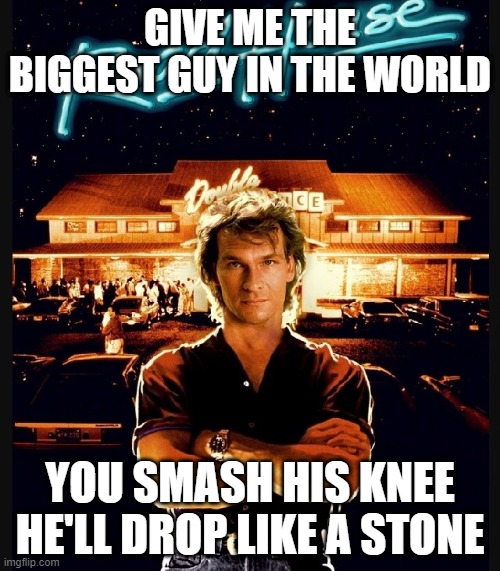 Roadhouse | GIVE ME THE BIGGEST GUY IN THE WORLD; YOU SMASH HIS KNEE HE'LL DROP LIKE A STONE | image tagged in road house | made w/ Imgflip meme maker