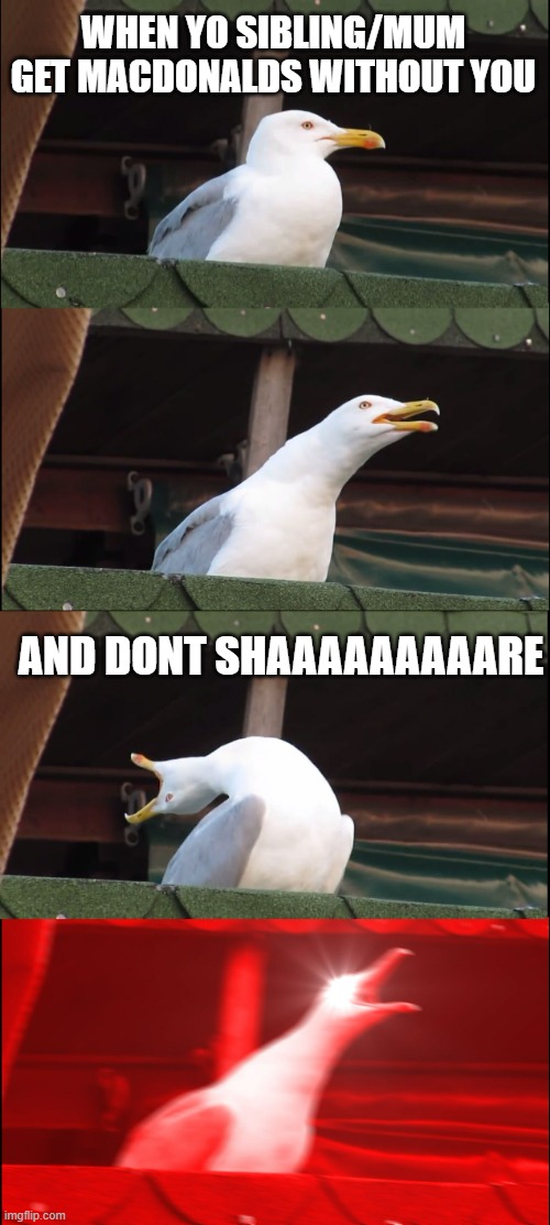 Inhaling Seagull | WHEN YO SIBLING/MUM GET MACDONALDS WITHOUT YOU; AND DONT SHAAAAAAAAARE | image tagged in memes,inhaling seagull,annoying family,sibling rivalry | made w/ Imgflip meme maker