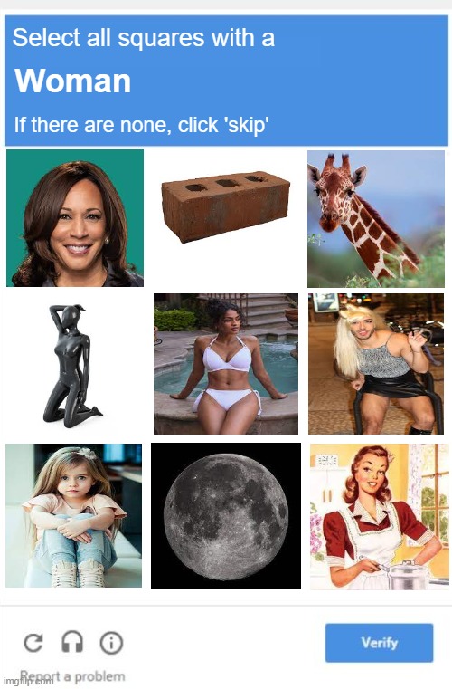 Bad news guys, I may be a robot | Select all squares with a; Woman; If there are none, click 'skip' | image tagged in blank google captcha | made w/ Imgflip meme maker