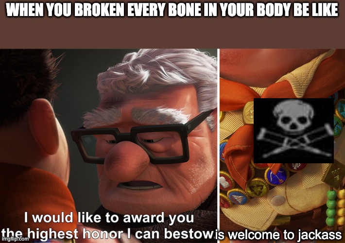 yep | WHEN YOU BROKEN EVERY BONE IN YOUR BODY BE LIKE; is welcome to jackass | image tagged in i will give you the best honor i can bestow in high definition | made w/ Imgflip meme maker