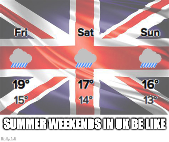 summer weekends in Britain |  SUMMER WEEKENDS IN UK BE LIKE | image tagged in weather,rain,uk,summertime | made w/ Imgflip meme maker