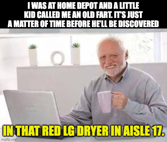 Teach respect! | I WAS AT HOME DEPOT AND A LITTLE KID CALLED ME AN OLD FART. IT’S JUST A MATTER OF TIME BEFORE HE’LL BE DISCOVERED; IN THAT RED LG DRYER IN AISLE 17. | image tagged in harold | made w/ Imgflip meme maker