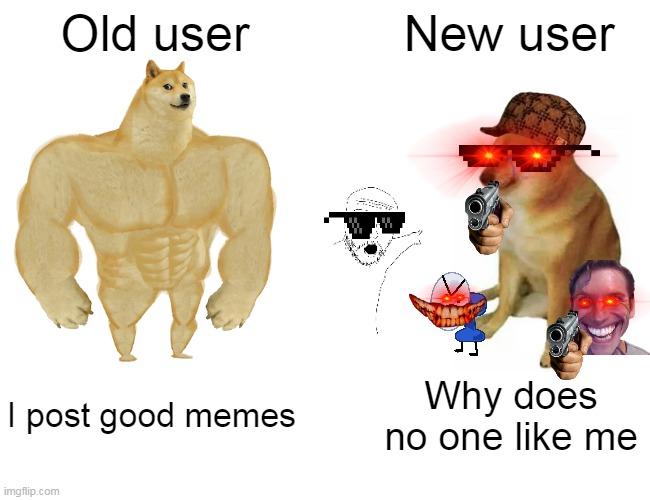 Buff Doge vs. Cheems Meme | Old user; New user; Why does no one like me; I post good memes | image tagged in memes,buff doge vs cheems | made w/ Imgflip meme maker