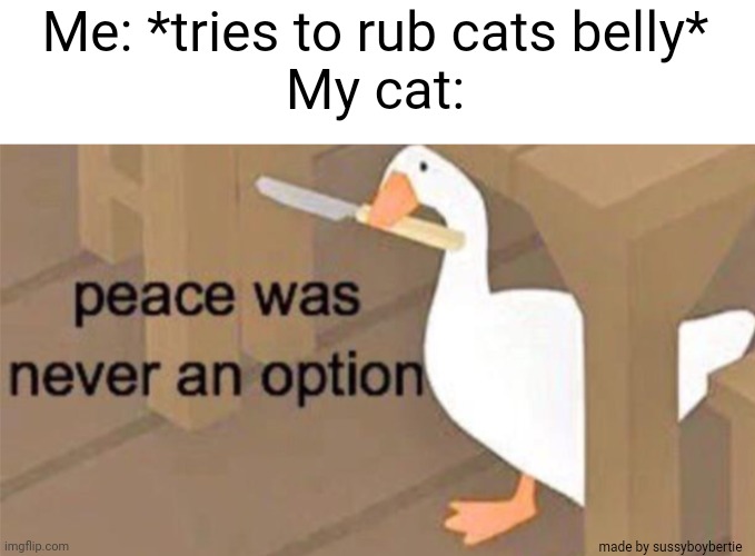 Does this happen to you aswell? | Me: *tries to rub cats belly*
My cat:; made by sussyboybertie | image tagged in untitled goose peace was never an option | made w/ Imgflip meme maker