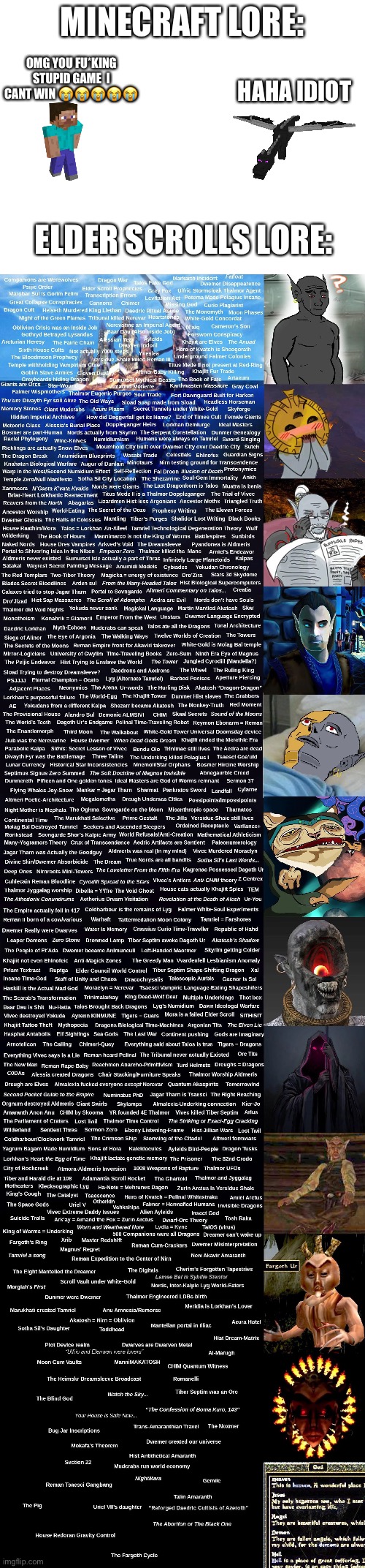 MINECRAFT LORE:; OMG YOU FU*KING STUPID GAME  I CANT WIN 😭😭😭😭😭; HAHA IDIOT; ELDER SCROLLS LORE: | image tagged in blank white template | made w/ Imgflip meme maker