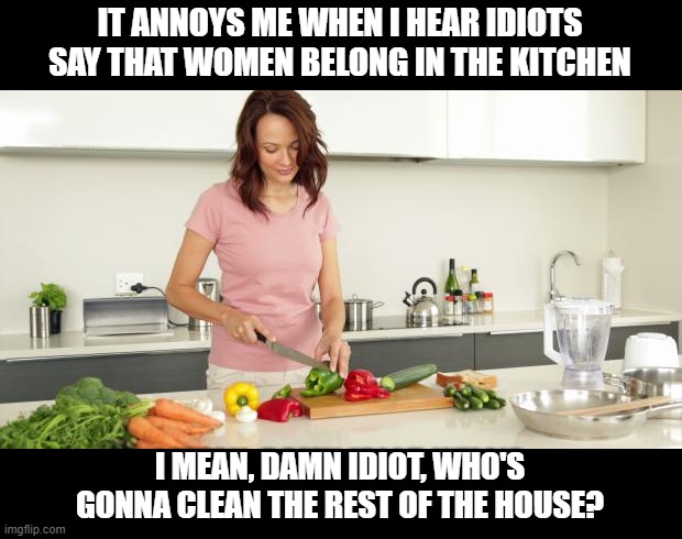 Think Before You Speak | IT ANNOYS ME WHEN I HEAR IDIOTS SAY THAT WOMEN BELONG IN THE KITCHEN; I MEAN, DAMN IDIOT, WHO'S GONNA CLEAN THE REST OF THE HOUSE? | image tagged in real woman will be in the kitchen | made w/ Imgflip meme maker